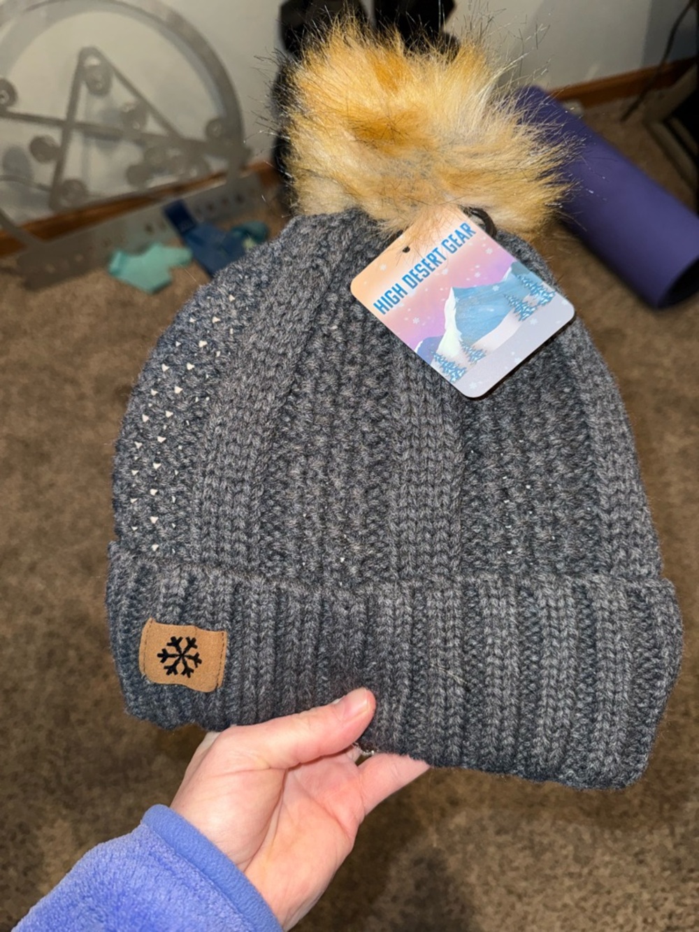 Womens high desert grey Pom beanie
